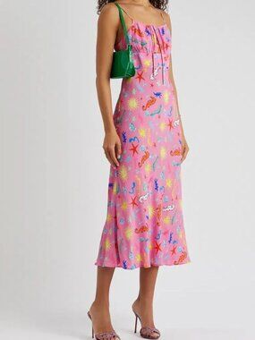 RIXO Maeve Printed Midi Dress in Pink - Seahorse Print size XS